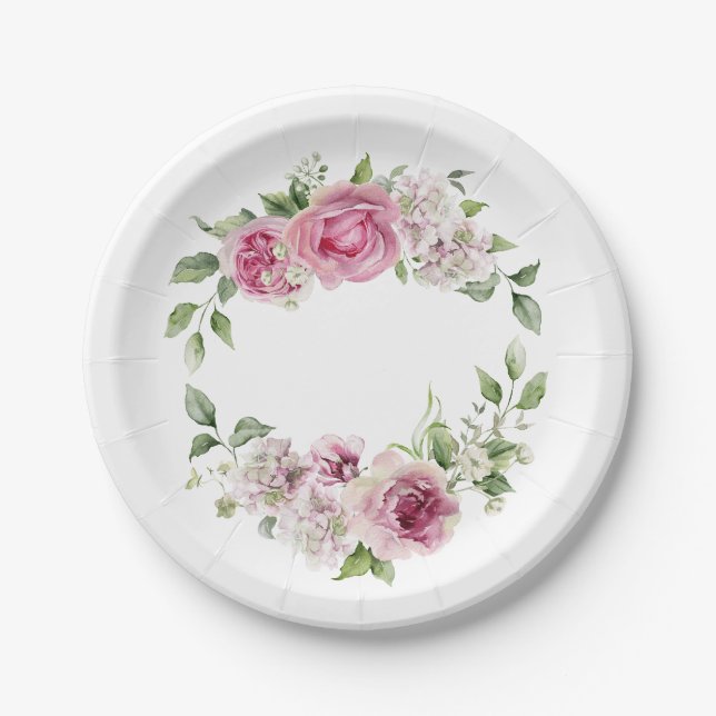 Elegant Pink Rose Floral Bridal Baby Shower Paper Plate (Front)
