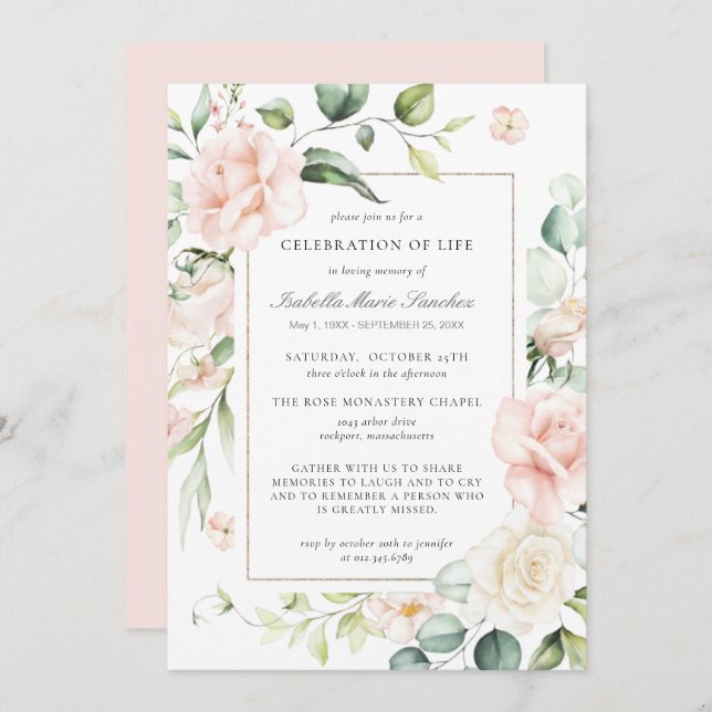 Elegant Pink Rose Floral Celebration of Life Invit Invitation (Front/Back)