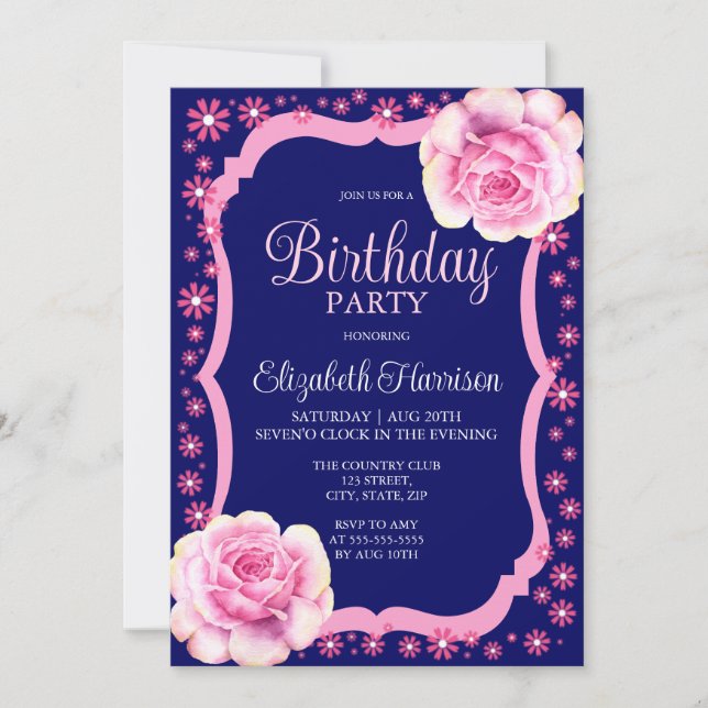 Elegant Pink Rose Floral Dark Blue Birthday Party Invitation (Front)