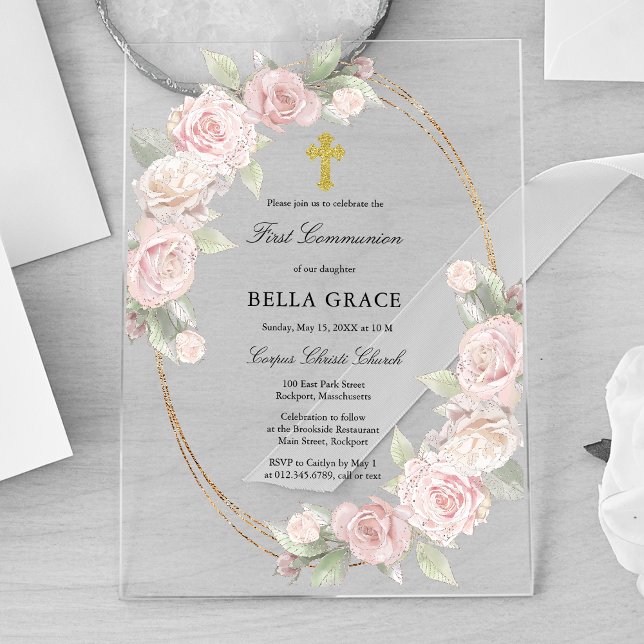 Elegant Pink Rose Floral First Communion  Acrylic Invitations (Creator Uploaded)