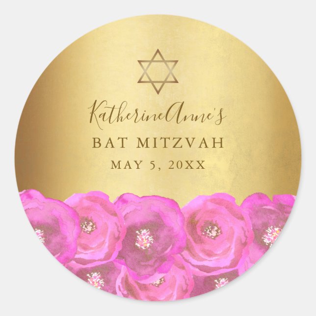 Elegant Pink Rose Floral Gold Bat Mitzvah Classic Round Sticker (Front)