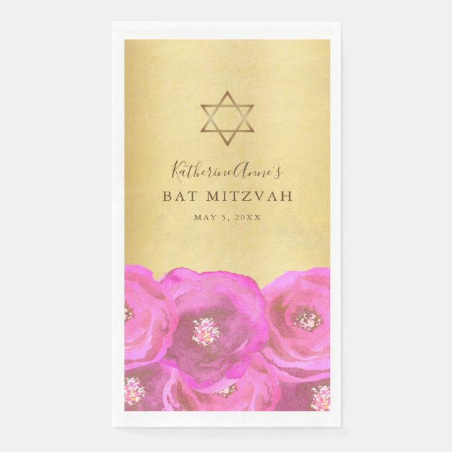 Elegant Pink Rose Floral Gold Bat Mitzvah Napkin (Front)
