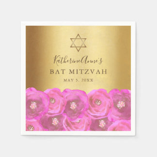 Elegant Pink Rose Floral Gold Bat Mitzvah Napkin