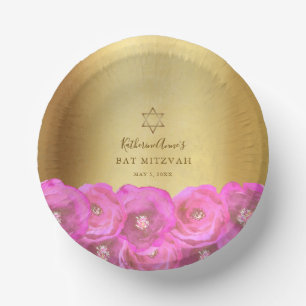 Elegant Pink Rose Floral Gold Bat Mitzvah Paper Plate
