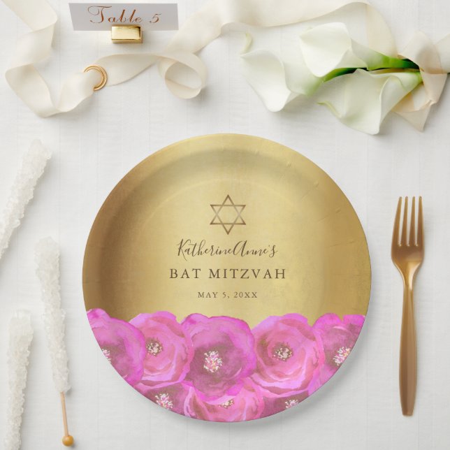 Elegant Pink Rose Floral Gold Bat Mitzvah Paper Plate (Wedding)