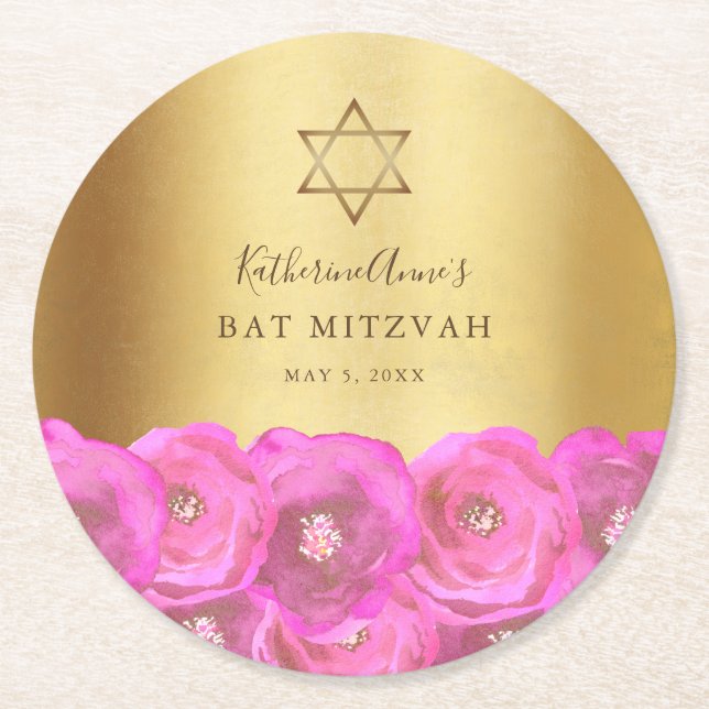 Elegant  Pink Rose Floral Gold Bat Mitzvah Round Paper Coaster (Front)
