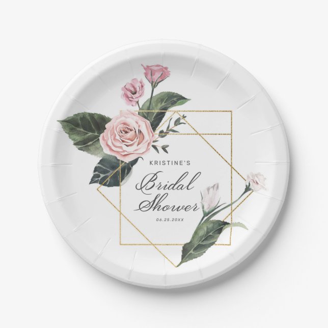 Elegant Pink Rose Floral Gold Frame Bridal Shower Paper Plate (Front)