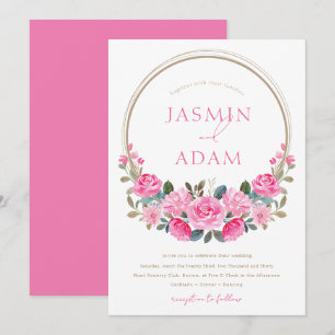 Elegant Pink Rose Floral Gold Ring Wedding Invitation