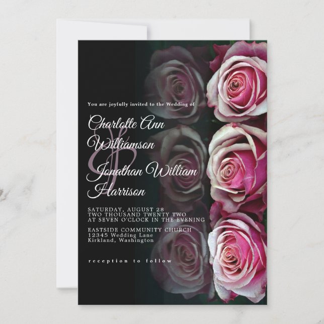 Elegant Pink Rose Floral Mirrored Black Wedding Invitation (Front)