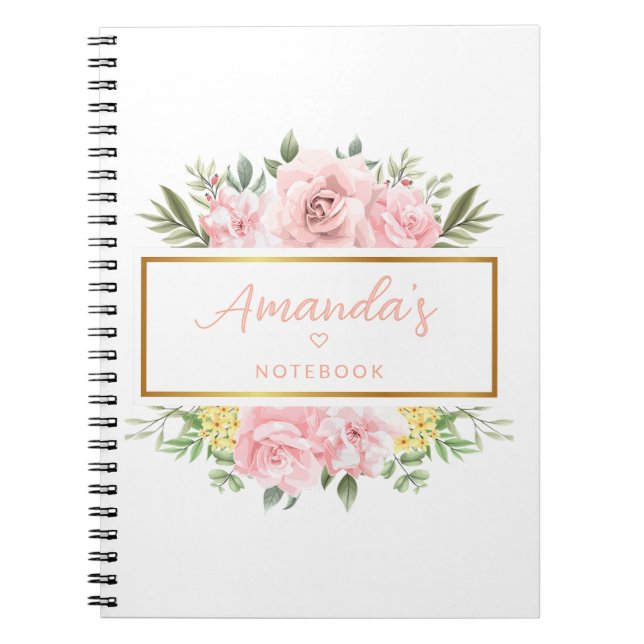 Elegant Pink Rose Floral Personalised Name Notebook (Front)