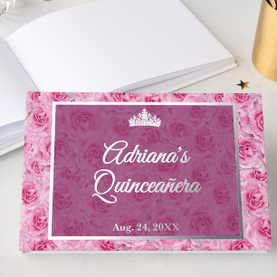 Elegant Pink Rose Floral Quinceanera Silver Guest Book