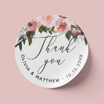 Elegant pink rose. Floral script wedding thank you Classic Round Sticker<br><div class="desc">Watercolor elegant delicate script floral thank you sticker with pink blush rose flowers for botanical garden Wedding / Engagement party / Rehearsal dinner / Bridal Shower / Bachelorette party.</div>