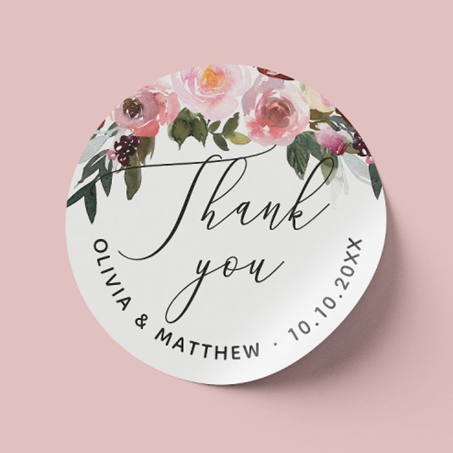 Elegant pink rose. Floral script wedding thank you Classic Round Sticker (Creator Uploaded)