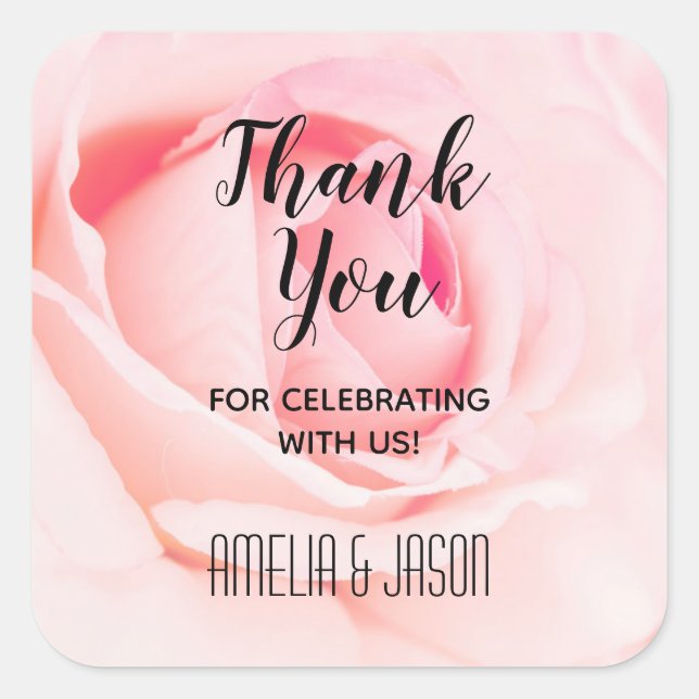 Elegant Pink Rose Floral Thank You Square Sticker (Front)