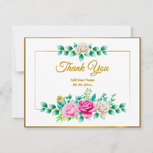 Elegant Pink Rose Floral with Thank You Gold Frame Card