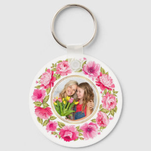 Elegant Pink Rose Floral Wreath Custom Photo Key Ring