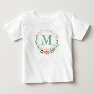 Elegant Pink Rose Floral Wreath Monogram Baby T-Shirt
