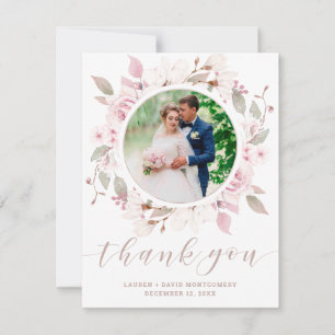 Elegant Pink Rose Floral Wreath Wedding Photo Thank You Card