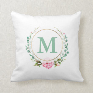 Elegant Pink Rose Floral Wreath with Your Monogram Cushion
