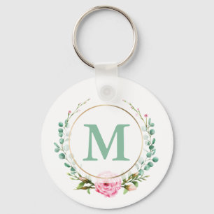 Elegant Pink Rose Floral Wreath with Your Monogram Key Ring
