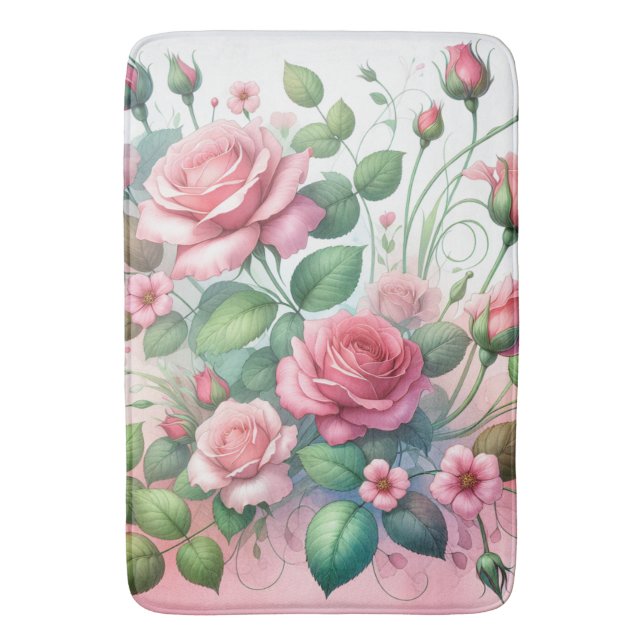 Elegant Pink Rose Garden Bath Mat (Front Vertical)
