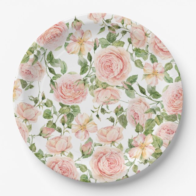Elegant Pink Rose Garden  Paper Plate (Front)