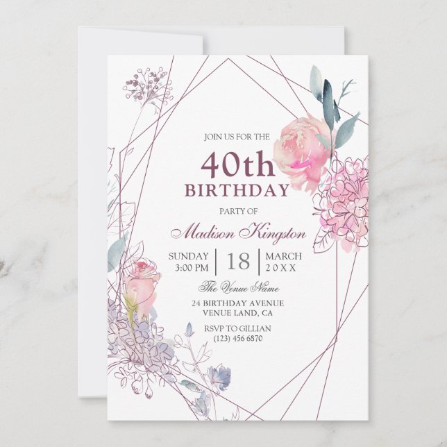 Elegant Pink Rose Geometric 40th Birthday Party Invitation (Front)