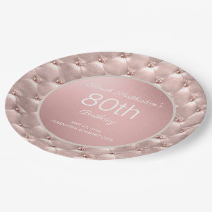 Elegant Pink Rose Gold 80th Birthday Paper Plate