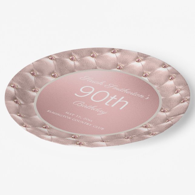 Elegant Pink Rose Gold 90th Birthday Paper Plate (Angled)