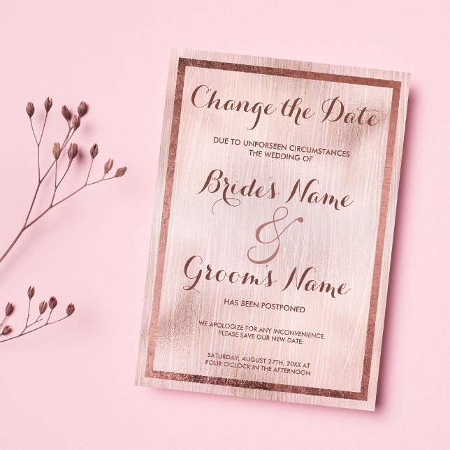 Elegant pink rose gold brushstrokes Change Date  Invitation (Elegant pink rose gold brushstrokes Change Date )