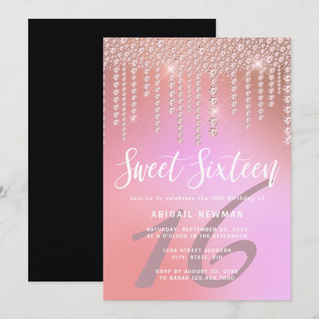 Elegant pink rose gold diamond drips sweet sixteen invitation (Front/Back)
