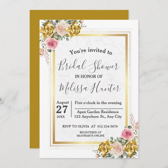 Elegant Pink, Rose Gold Eucalyptus Bridal Shower Invitation (Front/Back)