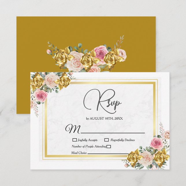 Elegant Pink, Rose Gold Eucalyptus Geometric RSVP Card (Front/Back)