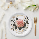 Elegant Pink Rose & Gold Floral Art Personalize Paper Plate<br><div class="desc">These personalized paper plates showcase a stunning illustration of a soft pink rose surrounded by black leaves with gold veining, delicate white blossoms, and graceful golden vines forming a decorative circular frame. The luxurious floral artwork creates a romantic, feminine aesthetic perfect for weddings, bridal showers, birthdays, tea parties, anniversaries, or...</div>