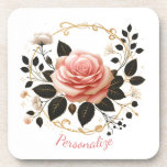 Elegant Pink Rose & Gold Floral Art Personanalize Coaster<br><div class="desc">This personalized beverage coaster showcases a stunning illustration of a soft pink rose surrounded by black leaves with gold veining, delicate white blossoms, and graceful golden vines forming a decorative circular frame. The luxurious floral artwork brings a romantic, feminine touch to any table setting. Printed on a beverage coaster, this...</div>