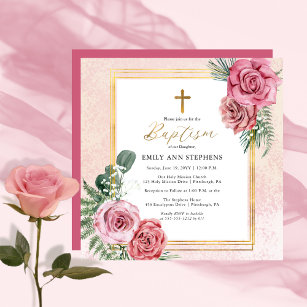 Elegant Pink Rose  Gold Floral Frame Girl Baptism Invitation