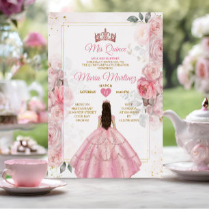 Elegant Pink Rose Gold Floral Princess Mis Quince Invitation