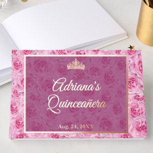 Elegant Pink Rose Gold Floral Quinceanera Guest Book
