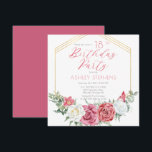 Elegant Pink Rose | Gold Frame 18th Birthday Party Invitation<br><div class="desc">Elegant and classy pink and white rose floral with sage green greenery "Birthday Party" script text design with geometric gold-toned lines frame.</div>