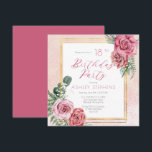 Elegant Pink Rose | Gold Frame 18th Birthday Party Invitation<br><div class="desc">Elegant and classy pink and white rose floral with sage green greenery "Birthday Party" script text design with geometric gold-toned lines rectangular frame.</div>
