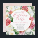 Elegant Pink Rose | Gold Frame 18th Birthday Party Invitation<br><div class="desc">Elegant and classy pink and white rose floral with sage green eucalyptus greenery "Birthday Party" script text design with geometric gold-toned lines circular frame.</div>