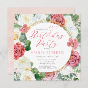 Elegant Pink Rose   Gold Frame 21st Birthday Party Invitation