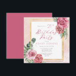 Elegant Pink Rose | Gold Frame 21st Birthday Party Invitation<br><div class="desc">Elegant and classy pink and white rose floral with sage green greenery "Birthday Party" script text design with geometric gold-toned lines rectangular frame.</div>