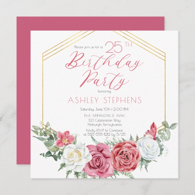 Elegant Pink Rose | Gold Frame 25th Birthday Party Invitation (Front/Back)