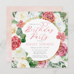 Elegant Pink Rose   Gold Frame 30th Birthday Party Invitation