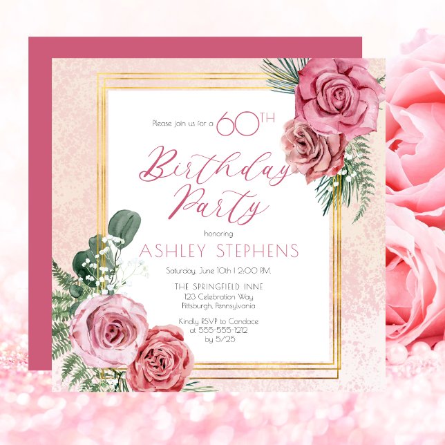 Elegant Pink Rose |Gold Frame 60th Birthday Party  Invitation (Elegant Pink Rose Faux Gold Frame 60th Birthday Party Invitation)