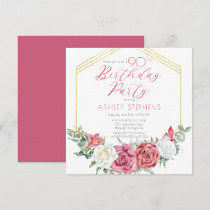 Elegant Pink Rose Gold Frame 90th Birthday Party Invitation