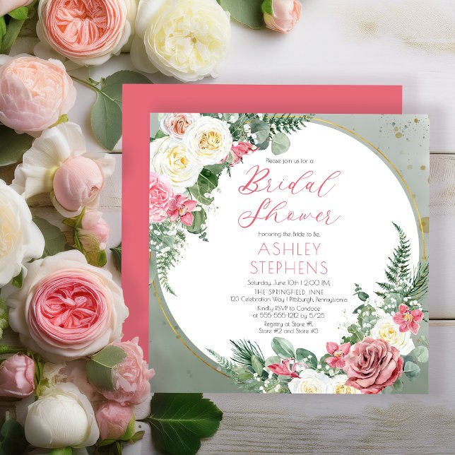 Elegant Pink Rose | Gold Frame Bridal Shower Invit Invitation (Elegant Pink Rose and Gold Tone Frame Bridal Shower Invitation - Print | Digital Download)