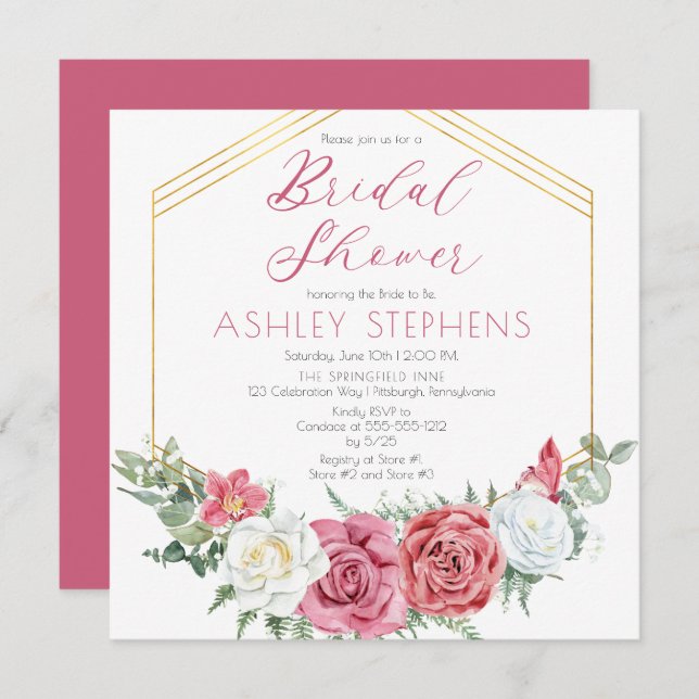 Elegant Pink Rose | Gold Frame Bridal Shower Invit Invitation (Front/Back)