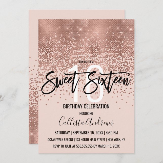 Elegant Pink Rose Gold Glitter Confetti Sweet 16 Invitation (Front/Back)